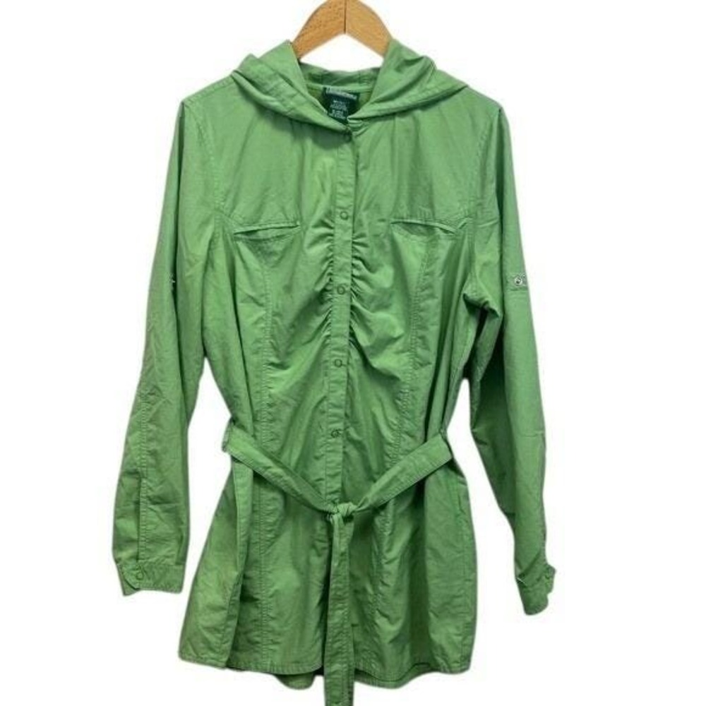 VTG 90s LL Bean Misses XL Green Hooded Belted Lightweight Snap Down Shirt Jacket